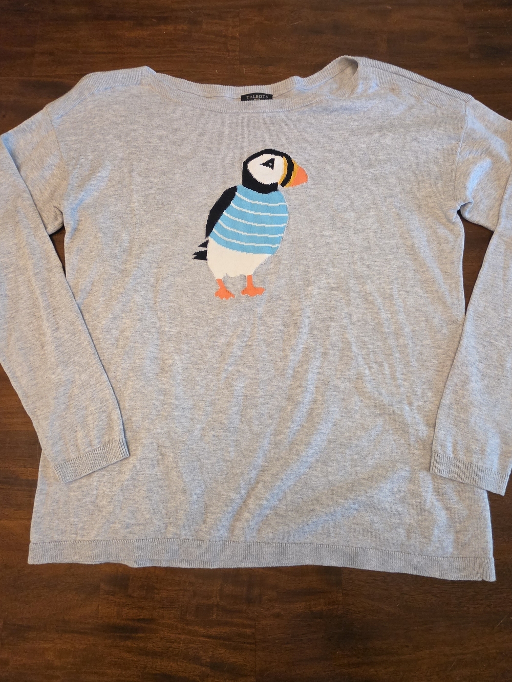 Talbots Heather Gray Lightweight Knit Puffin Graphic Sweater